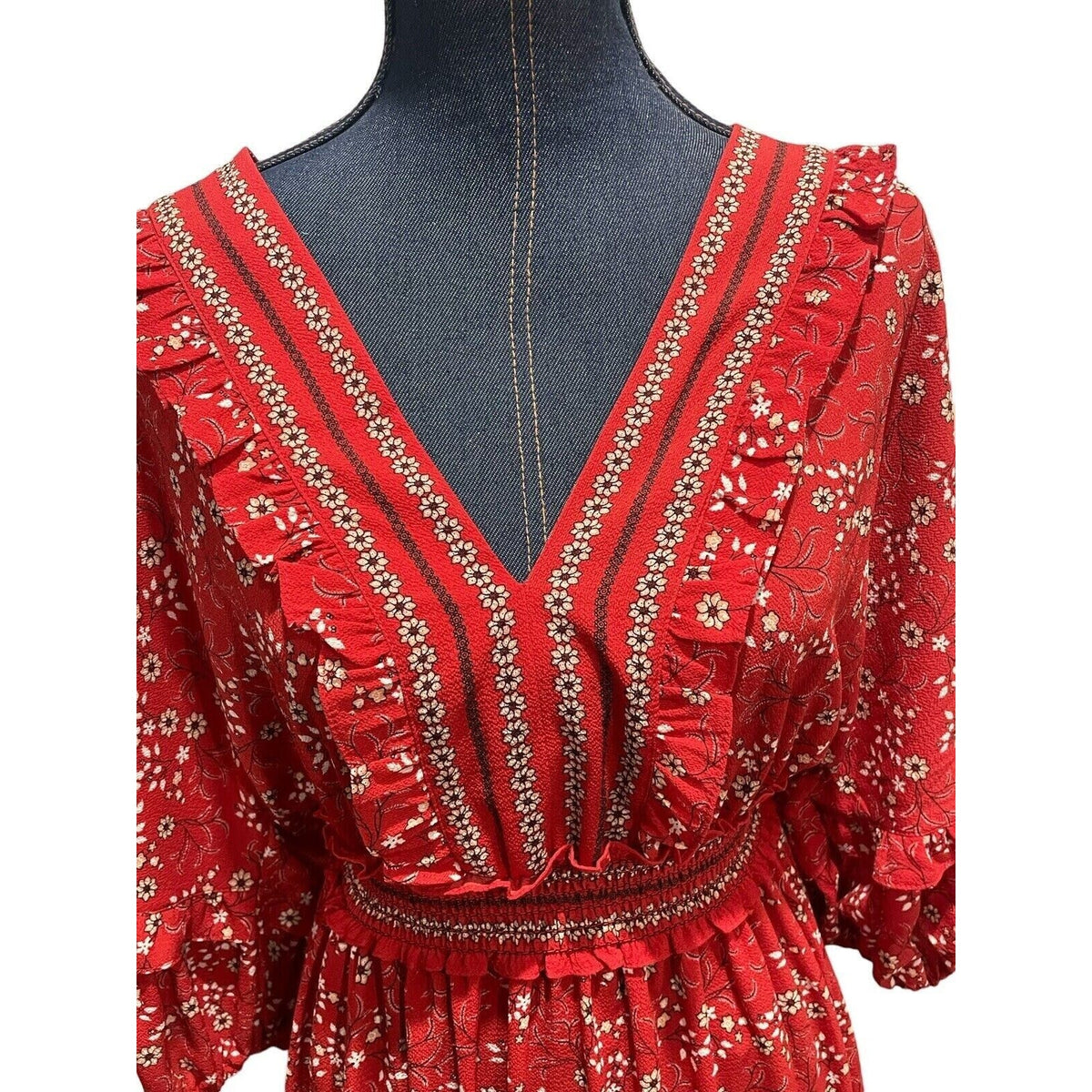 Max Studio Tiered Ruffle Midi Dress Cottage Liberty Sz Large Red Print NWT Boho