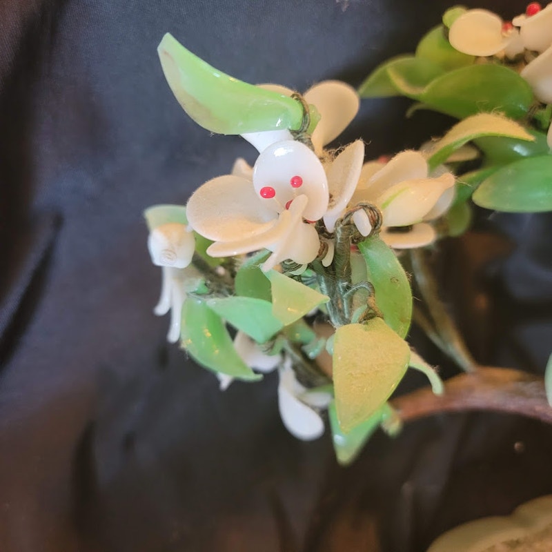 Vintage Chinese Jade-ite Dogwood Sakura Bonsai Tree Glass