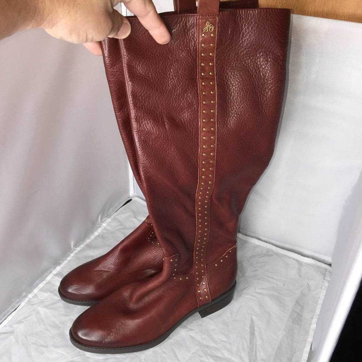 Sam Edelman Pull-On Prina Riding Boot Round Toe Side Zip Leather 7M Brass Detail