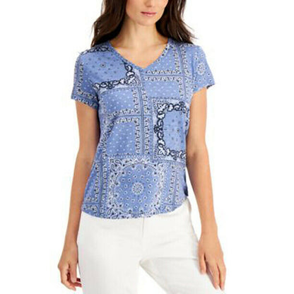 Style Co NWT Petite Cotton V-Neck Blouse Top Short Sleeve Bandana Blue Large