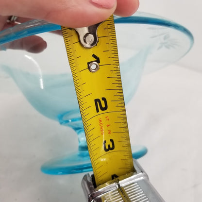Blue Console Bowl Spoon Etched Glass Footed Vintage Light blue With Spoon