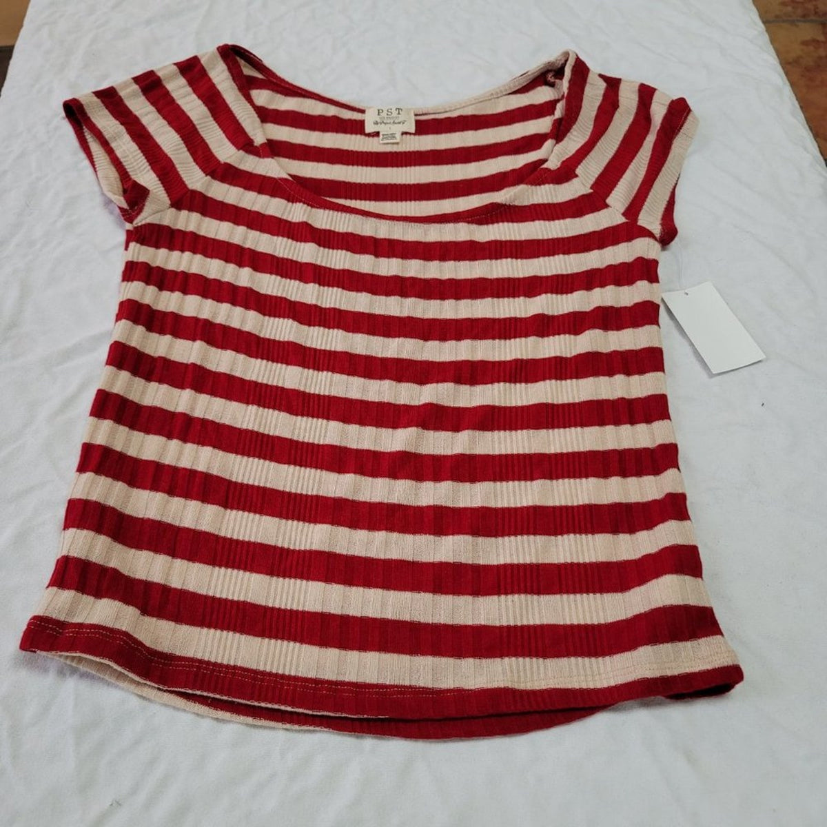 PST By Project Social T-Shirt Ribbed Cap Sleeve Scoop Neck Red Striped Large