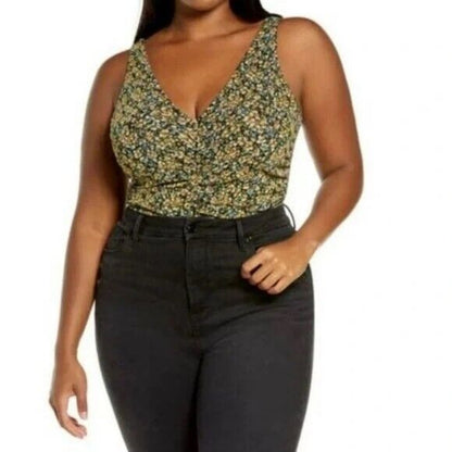 Leith Pull On Sleeveless Ruched V-Neck Bodysuit Black Mini Bloom XX-Large NWT