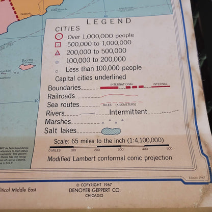 1967 Denoyer Geppert  School Wall Rollup Map The Middle East World Perspective