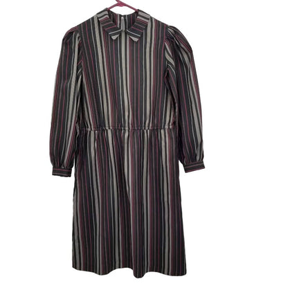 Vintage Long Sleeve Black Striped Elastic Waist Pockets Shirt Dress Modesty