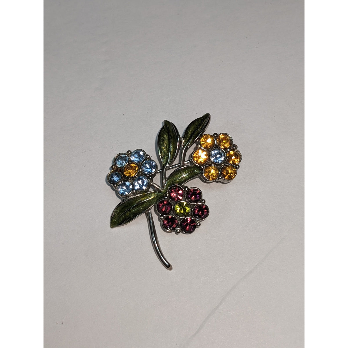 Vintage Rhinestone Flower Brooch Pin Blue Yellow Pink Gem Green Enamel