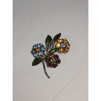 Vintage Rhinestone Flower Brooch Pin Blue Yellow Pink Gem Green Enamel