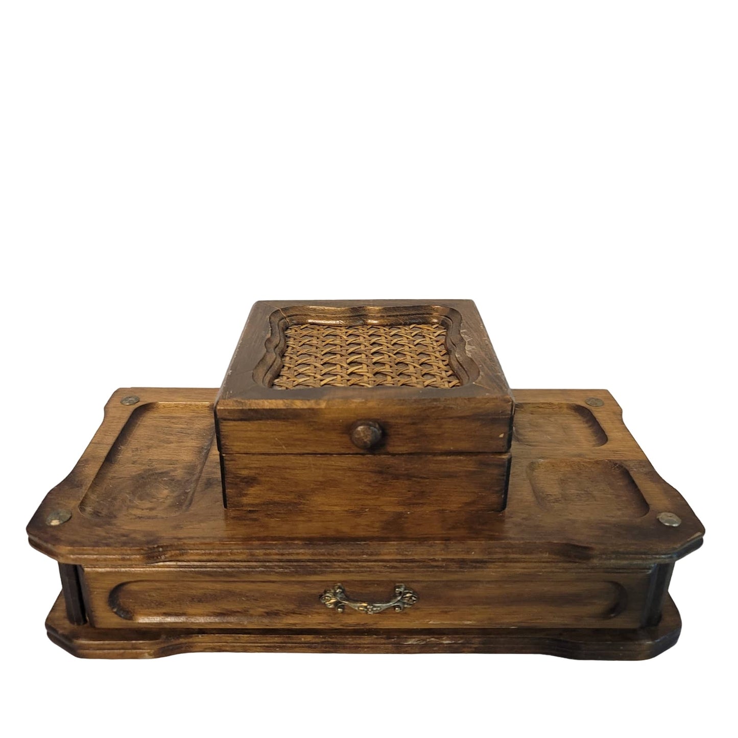 MCM tabletop valet Jewelry box Trinket Box Wood Rattan Vintage Watches rings