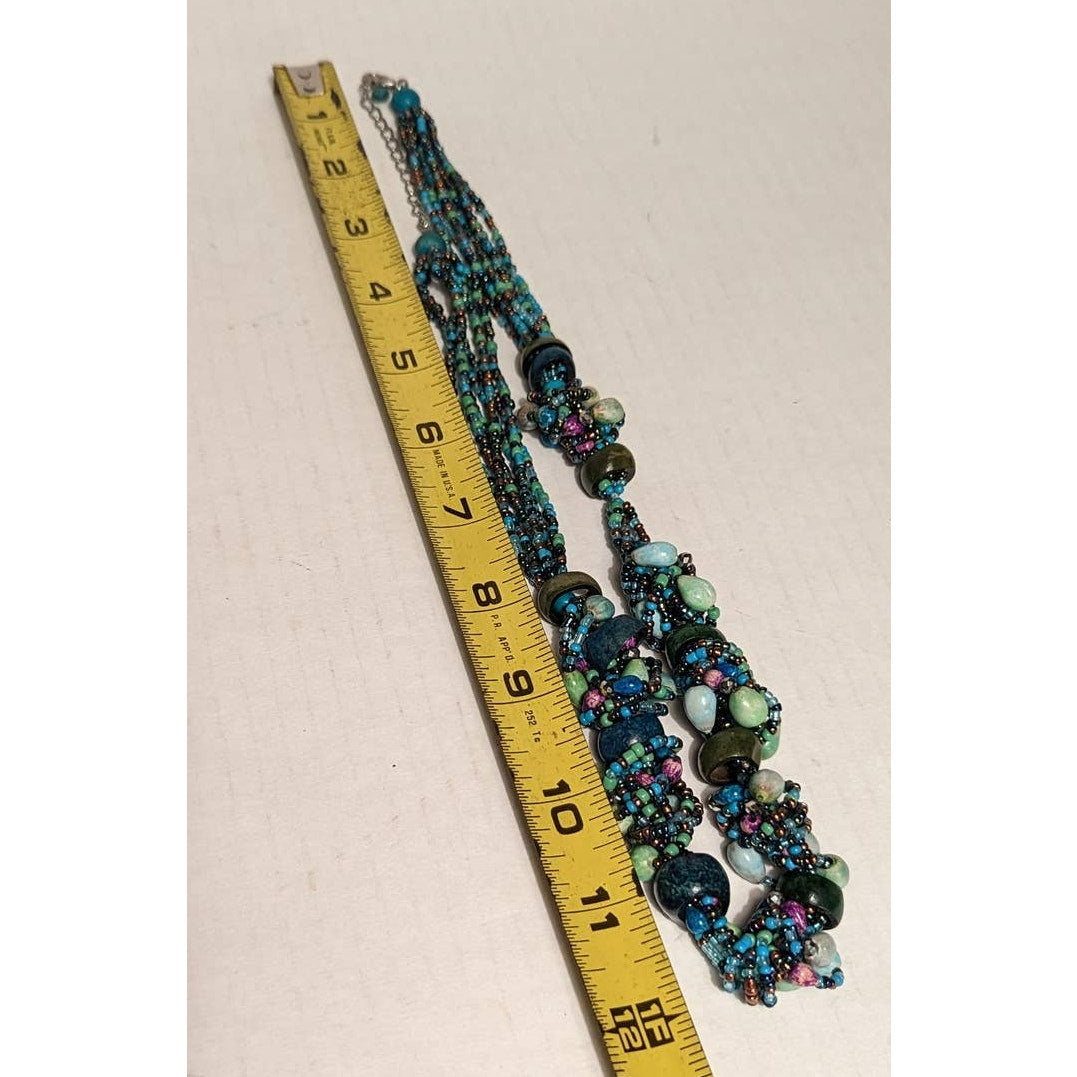Vintage Cluster Funky Beaded Necklace Glass Wood Costume Jewelry Blue Green BOHO