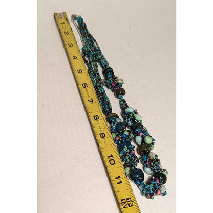 Vintage Cluster Funky Beaded Necklace Glass Wood Costume Jewelry Blue Green BOHO