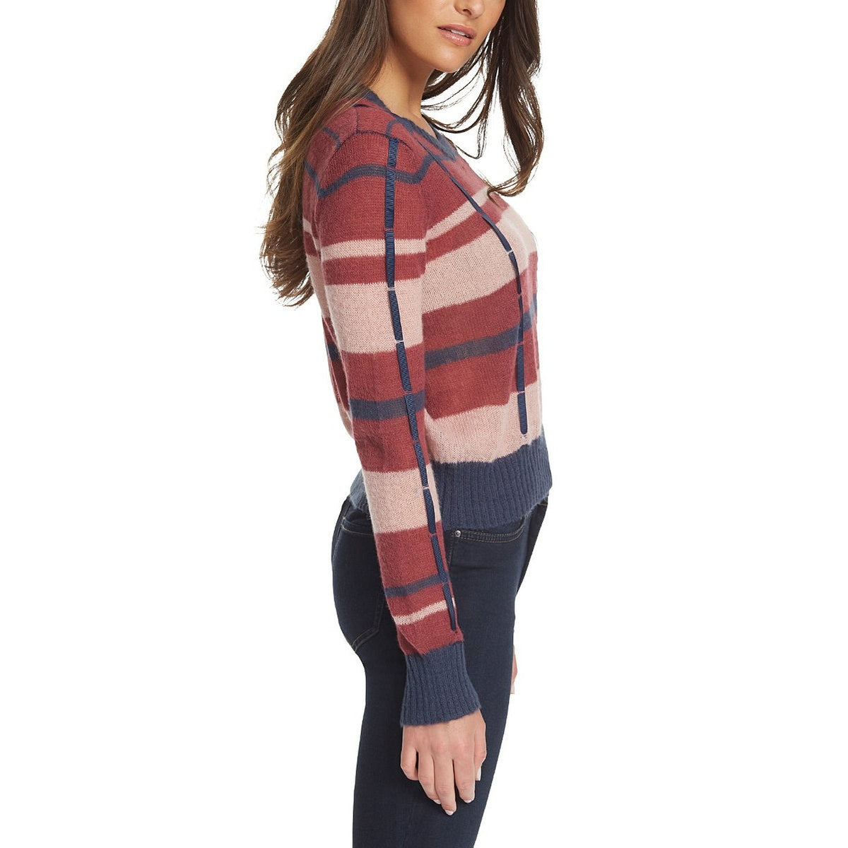 Ella Moss Denise Pullover Sweater Medium Maroon/Navy Stripe NEW Ribbon Trim