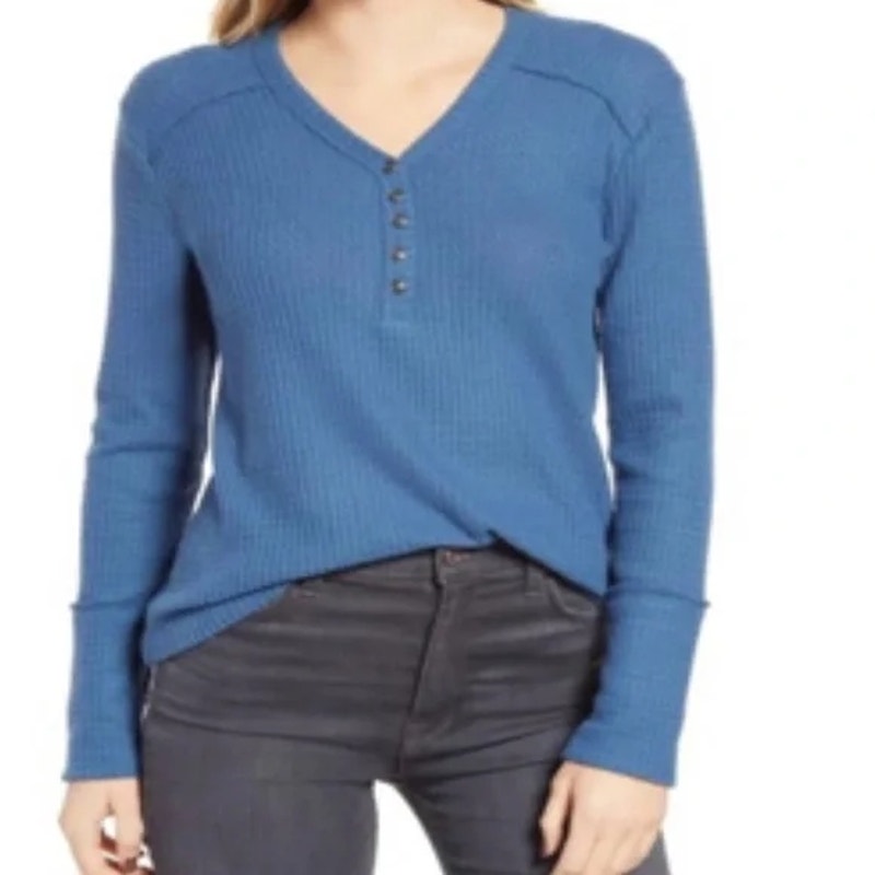 Caslon Women's High Cuff Henley XS Blue Ensign NWT Thermal Inside Out Seams