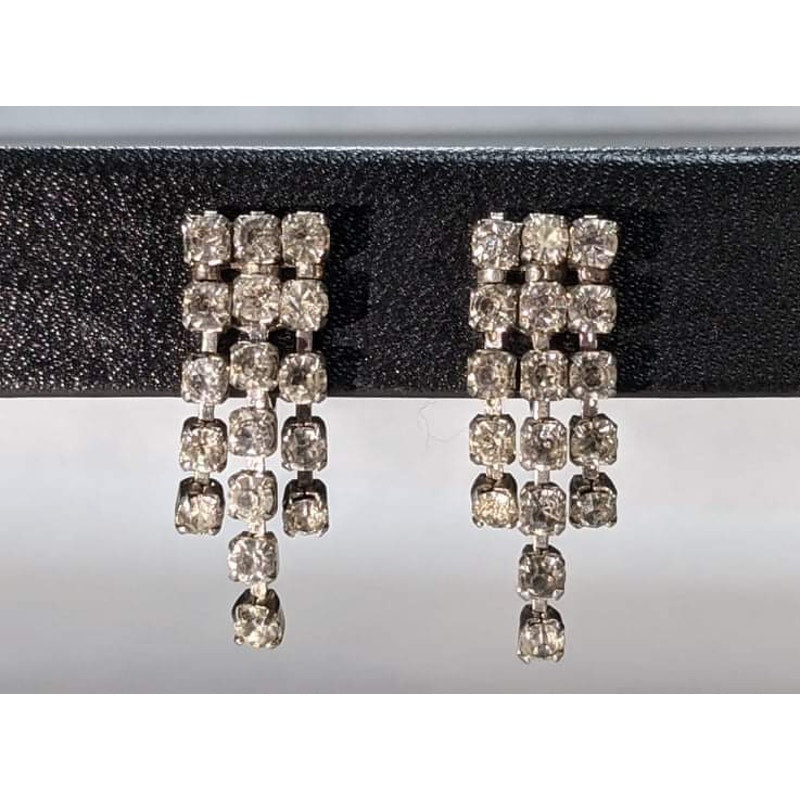 Vintage 3-Strand Tiered Dangly Rhinestone Silver Clip-On Earrings Retro Glamour