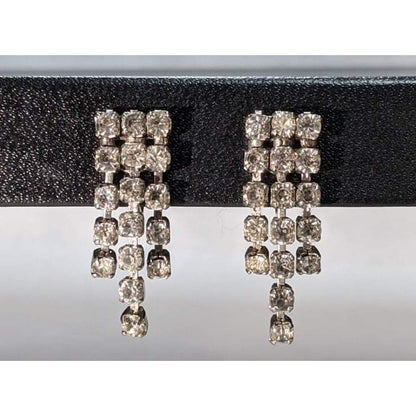 Vintage 3-Strand Tiered Dangly Rhinestone Silver Clip-On Earrings Retro Glamour