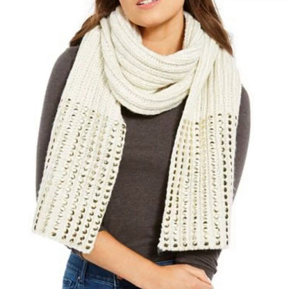 DKNY NEW Chunky Knit Scarf White and Gold Metallic Gold flat studs Crochet Yarn