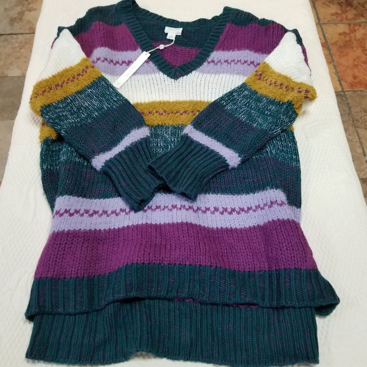 NEW Caslon Pullover Sweater V-Neck Long Sleeves Mixed Stripe Purple Multi 2X