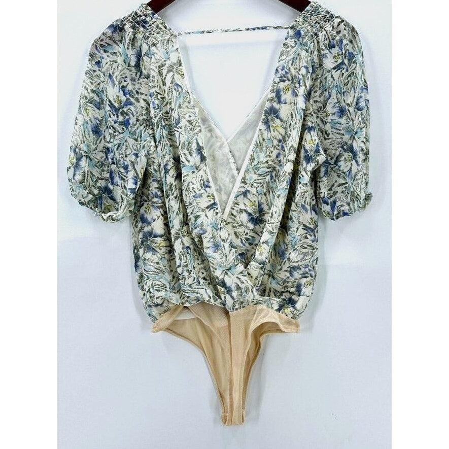 Astr Surplice Double V-Neck Puff Sleeve BodySuit Sz Small in Ivory Floral NWT