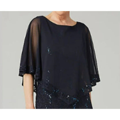 Onyx Nite Sequin and Lace with Sheer Cape Overlay Formal Gown Size 4 Navy NWT
