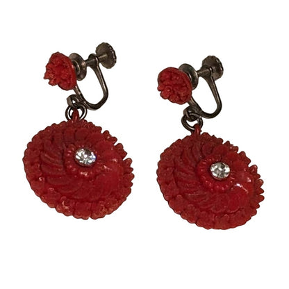 Vintage Clip On Earrings Red Flower Rhinestone Center Dangle Charm Japan 1950