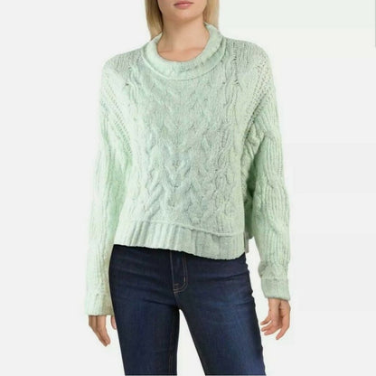 NWT Free People Merry Go Round Cable Knit Sweater MINTY Large Chunky long sleeve