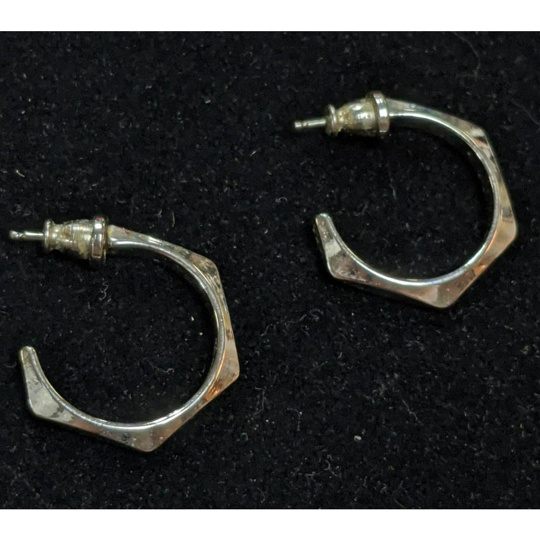 Trifari Vintage Hexagonal Semi Hoop Posts Earrings with Signed Backs Silver Tone