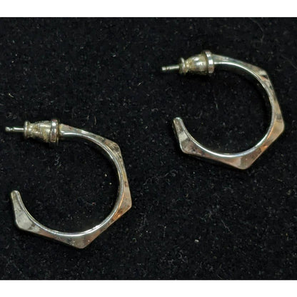 Trifari Vintage Hexagonal Semi Hoop Posts Earrings with Signed Backs Silver Tone