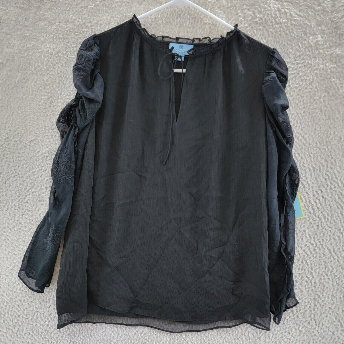 CECE Ruffled Sheer Lined Pullover Tie 3/4 Sleeve Blouse Small Black NWT Top