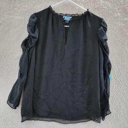 CECE Ruffled Sheer Lined Pullover Tie 3/4 Sleeve Blouse Small Black NWT Top