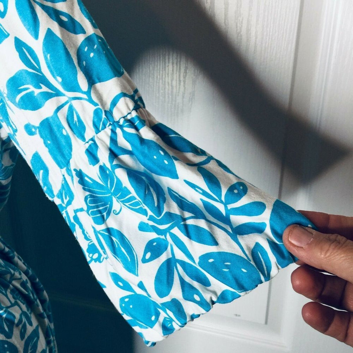 Lilly Pulitzer Women's 3/4 Sleeve Dress V-Neck Blue White Leaf Print Size Large