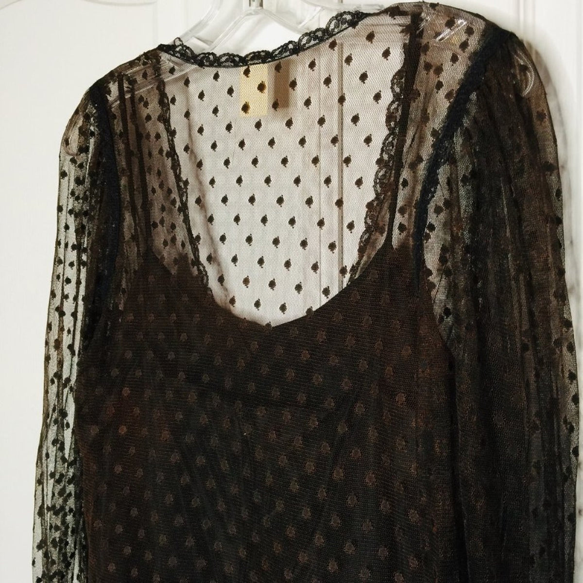 Brenner VINTAGE Sheer Dress Long Sleeve V-Neck Front Button Swiss Dot Lined New