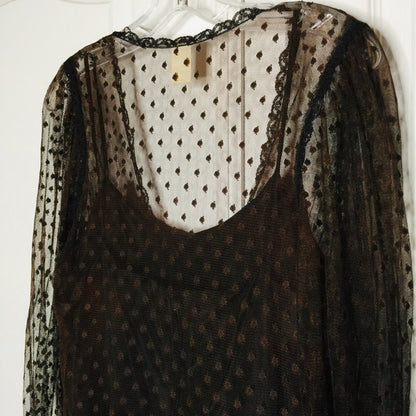 Brenner VINTAGE Sheer Dress Long Sleeve V-Neck Front Button Swiss Dot Lined New