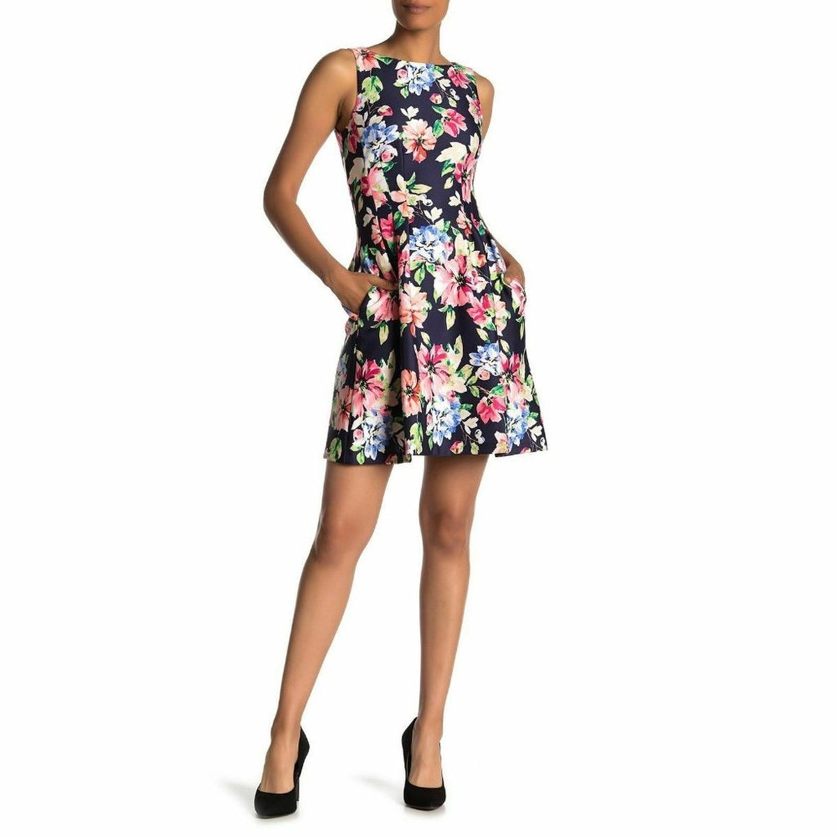 Vince Camuto Fit & Flare Dress Sleeveless Back Zip Floral Print Navy Scuba 8 NEW