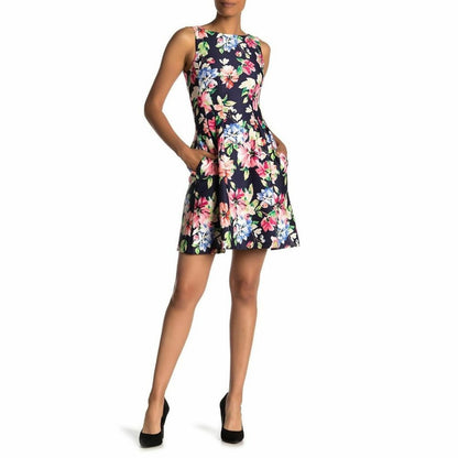 Vince Camuto Fit & Flare Dress Sleeveless Back Zip Floral Print Navy Scuba 8 NEW