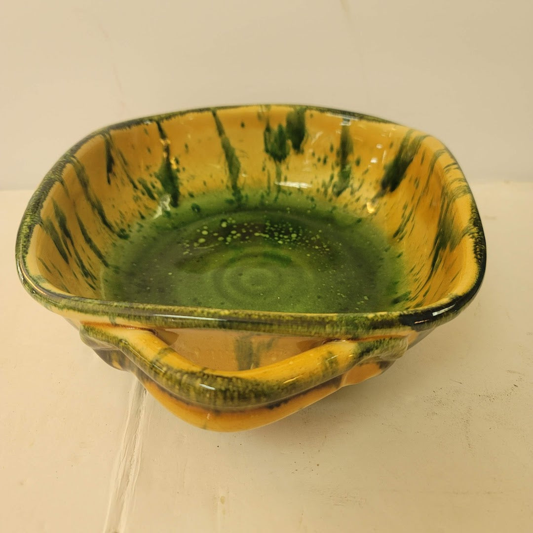 VINTAGE Majolica Art Pottery Italian Serving Bowl yellow green Drip Glaze Italy
