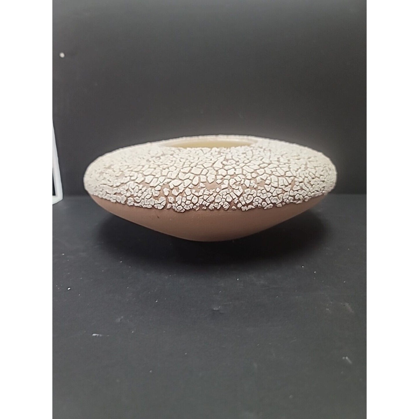 Mid Century Modern Pottery Planter White Crackle Texture Brown Bottom Spaceship
