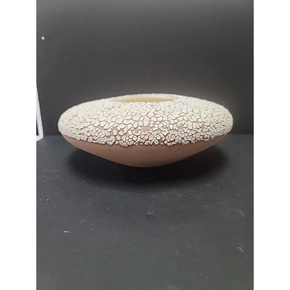 Mid Century Modern Pottery Planter White Crackle Texture Brown Bottom Spaceship