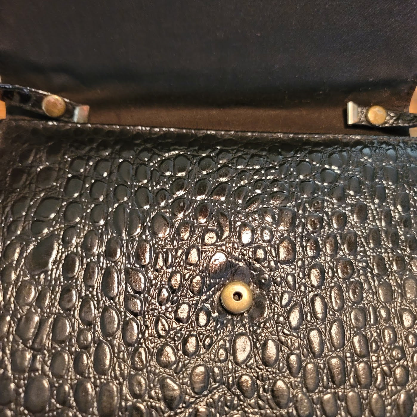 Vintage Black Faux Alligator Clutch Shoulder Bag Mid-Century Modern Glam