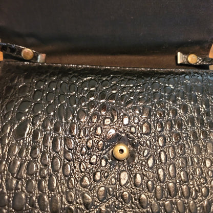 Vintage Black Faux Alligator Clutch Shoulder Bag Mid-Century Modern Glam