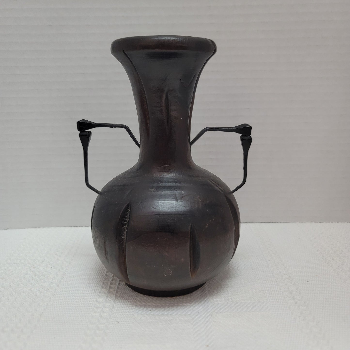 Vintage Brutalist Handmade Artisan Wood hand turned Vase Cut Nail Handles
