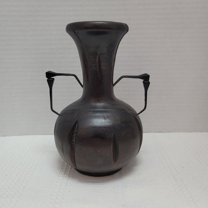 Vintage Brutalist Handmade Artisan Wood hand turned Vase Cut Nail Handles