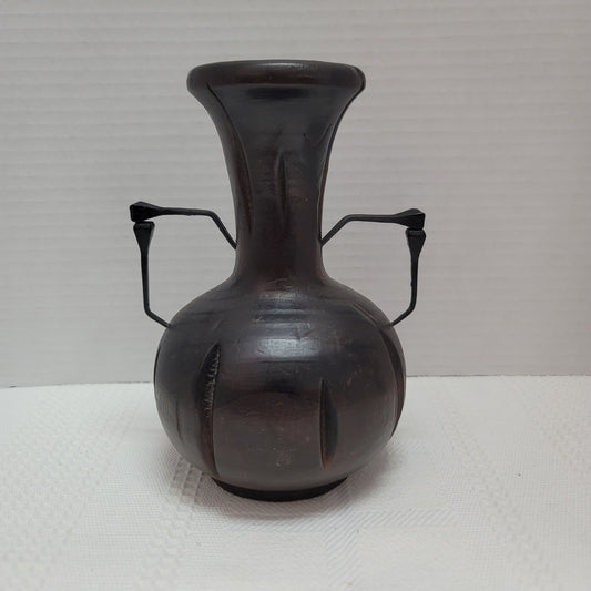 Vintage Brutalist Handmade Artisan Wood hand turned Vase Cut Nail Handles