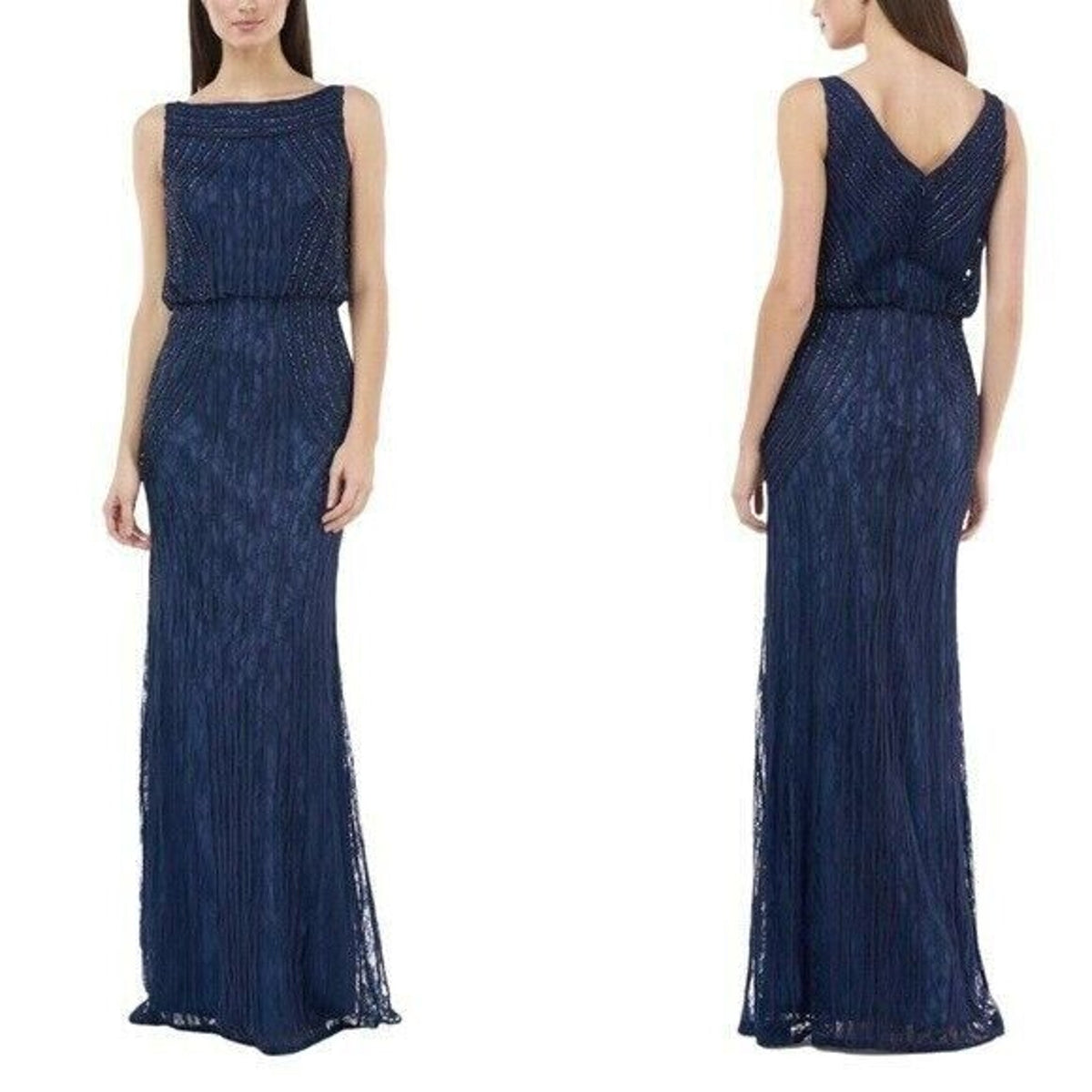JS Collections Boat Neck Embellished Blouson Gown Size 6 Navy NWOT