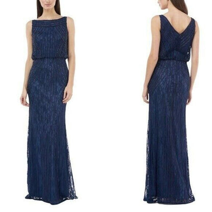 JS Collections Boat Neck Embellished Blouson Gown Size 6 Navy NWOT