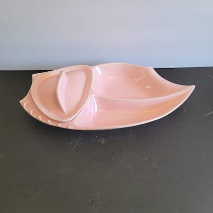 California Pottery Pink Covered Dish MCM Divided Leaf Shape Serving Tray VINTAGE