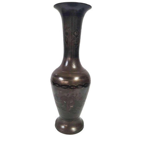 Vintage Solid Brass Flared Vase Made In India Engraved Floral Design 12.5” Tall