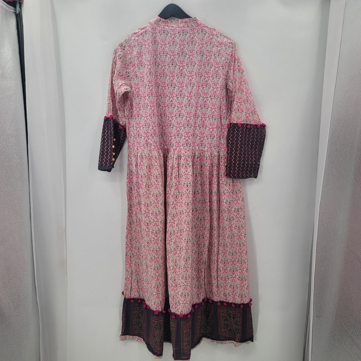 Boho cotton modest prairie XL dress Pompom Ethnic Long Sleeve Floral