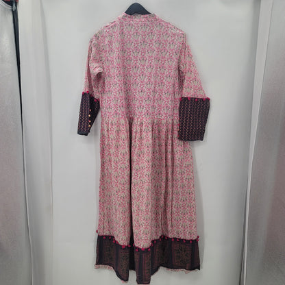 Boho cotton modest prairie XL dress Pompom Ethnic Long Sleeve Floral