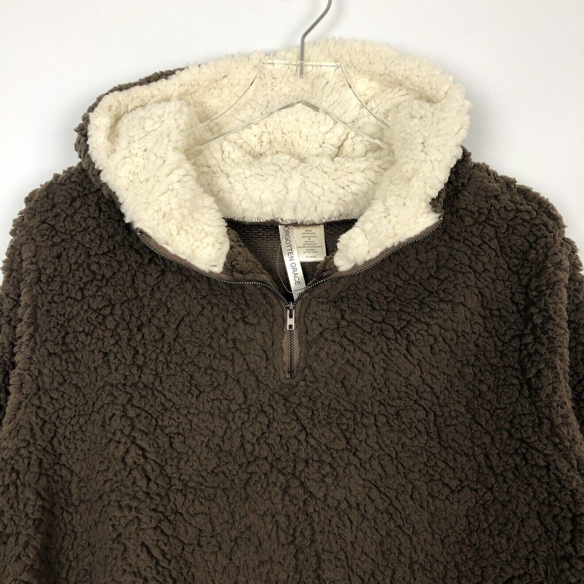 Forgotten Grace Faux Shearling Sherpa Pullover 1/4 Zip Hoodie Sz Large Brown NWT