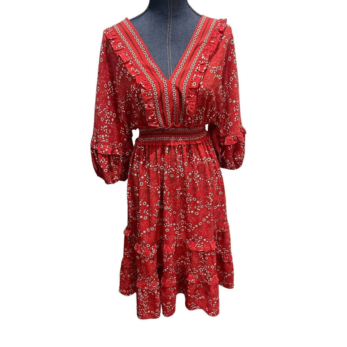 Max Studio Tiered Ruffle Midi Dress Cottage Liberty Sz Large Red Print NWT Boho