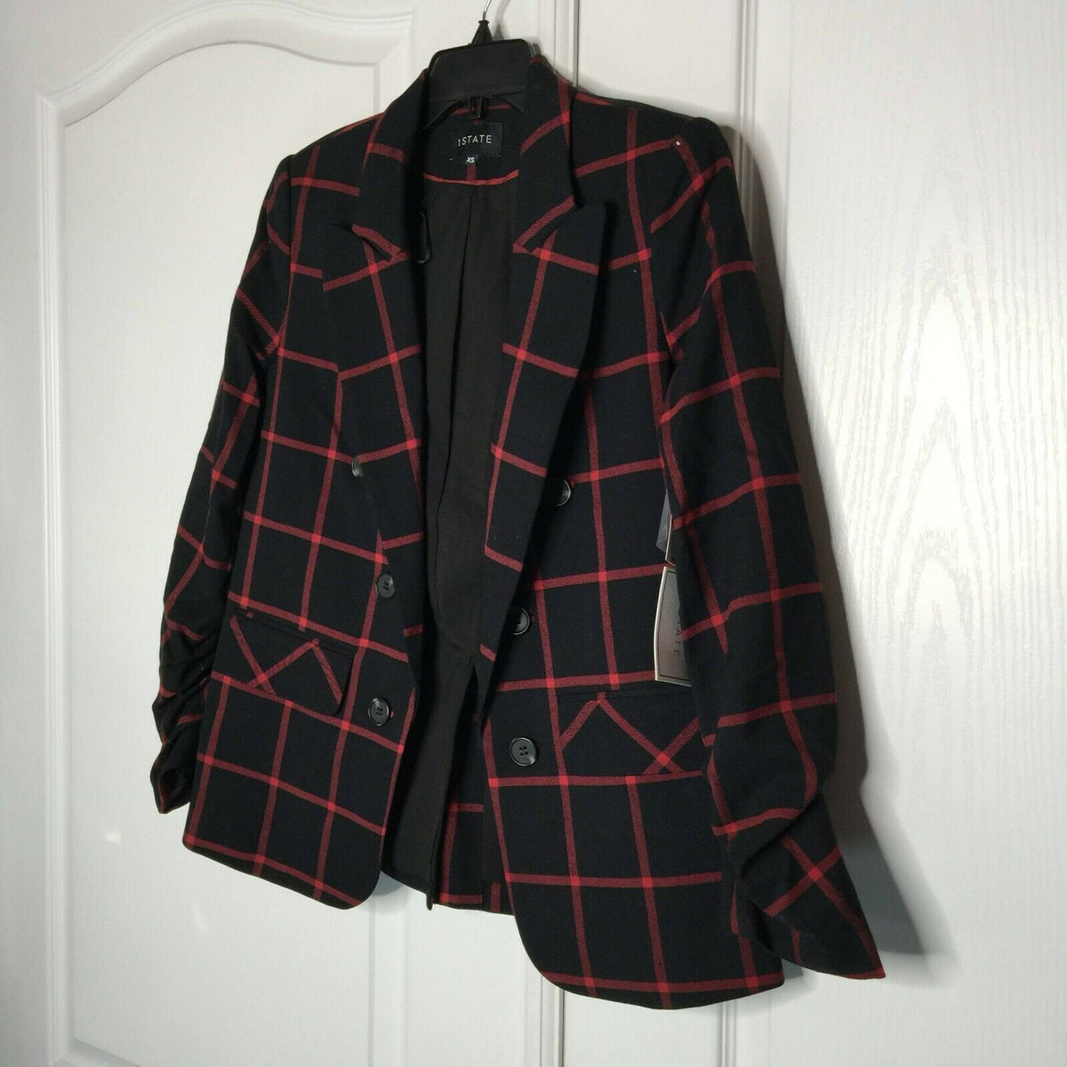 1.state Windowpane Check Ruched Sleeve Blazer Open Front Peaked Lapels XSmall
